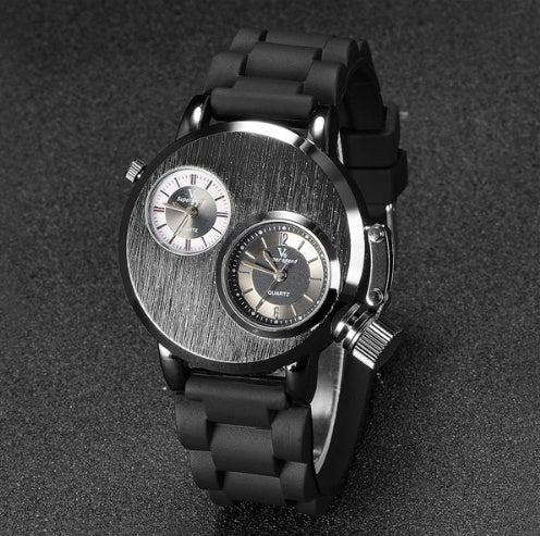 2021 Mode Quartz Hommes Montres Gusseisen Cas DoubleMouvements 2 Cadrans Sport Bande  Montre Militaire