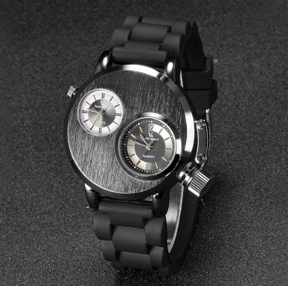 2021 Mode Quartz Hommes Montres Gusseisen Cas DoubleMouvements 2 Cadrans Sport Bande  Montre Militaire