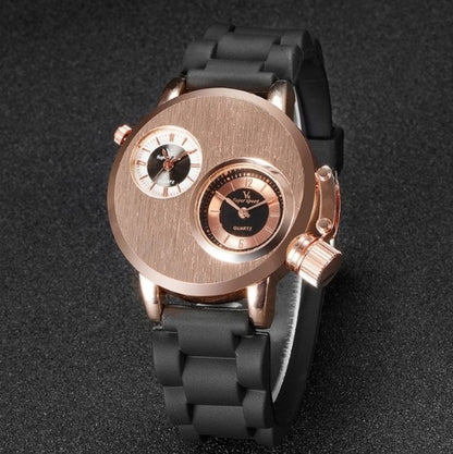 2021 Mode Quartz Hommes Montres Gusseisen Cas DoubleMouvements 2 Cadrans Sport Bande  Montre Militaire