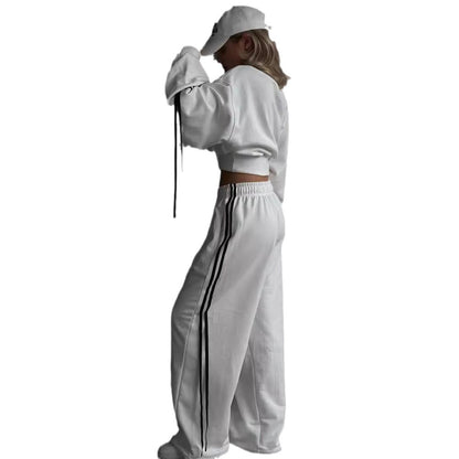 Fashion Casual Set Autumn And Winter Sports Two-piece Ribbon Pullover Sweater High Waist Loose Trousers