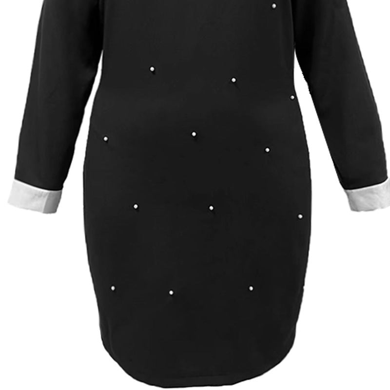 Elegant Lapel Long Sleeve Stitching Contrast Color Beaded Dress