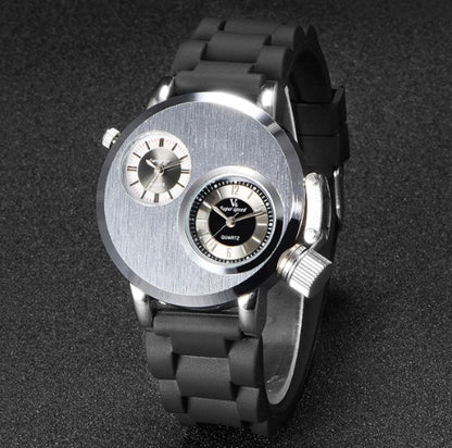 2021 Mode Quartz Hommes Montres Gusseisen Cas DoubleMouvements 2 Cadrans Sport Bande  Montre Militaire